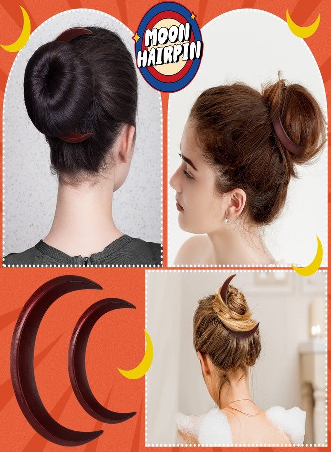 Yinder Hand Carved Crescent Moon Hair Accessories for Styling - 2 Wooden Hairpins and Hair Sticks for Women, 2 Sizes (Red) - Image 3